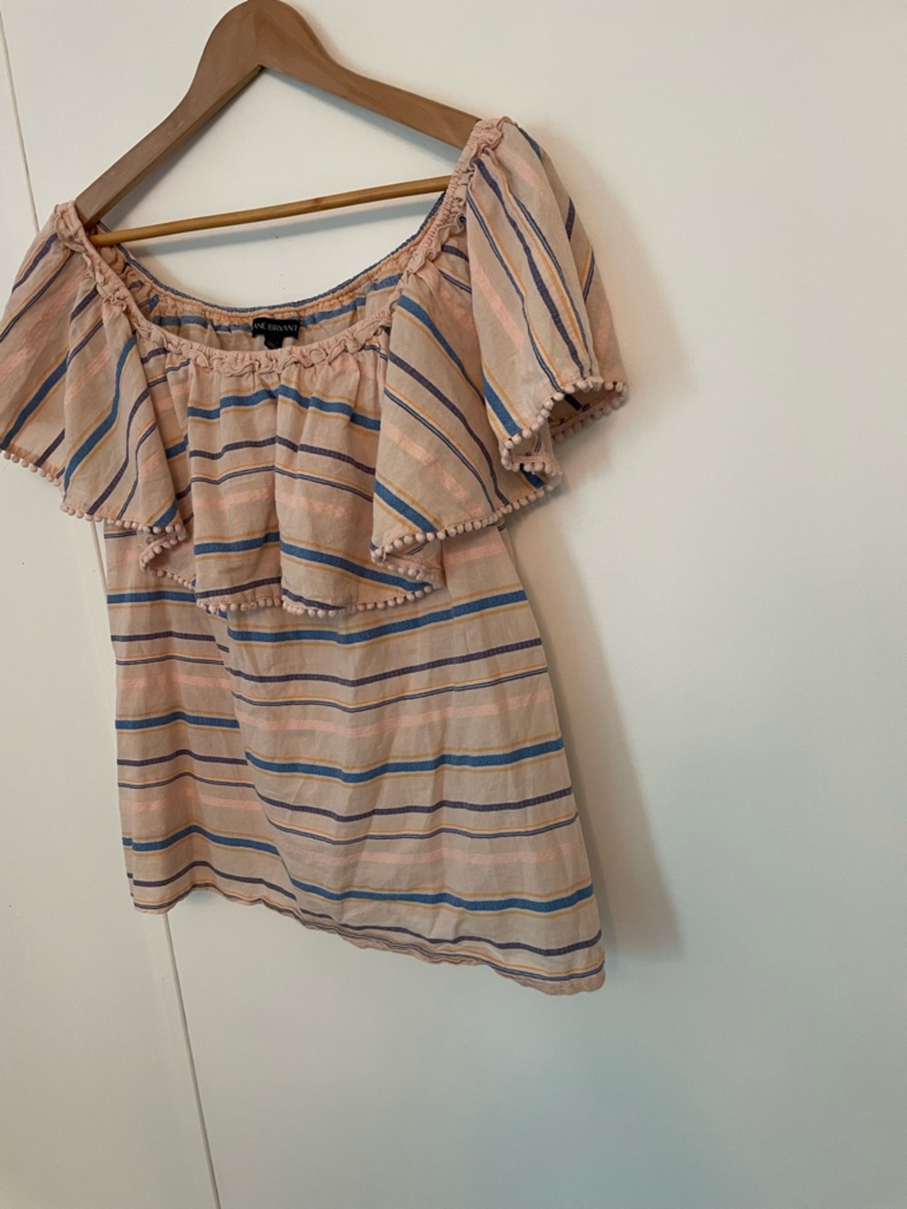 Lane Bryant Beige Off-Shoulder Striped Ruffle Top Size 14/16 lightweight Boho - Picture 5 of 10